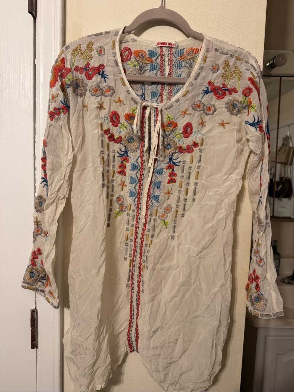 Johnny Was Cream Tunic with Multi-Color Floral Embroidery